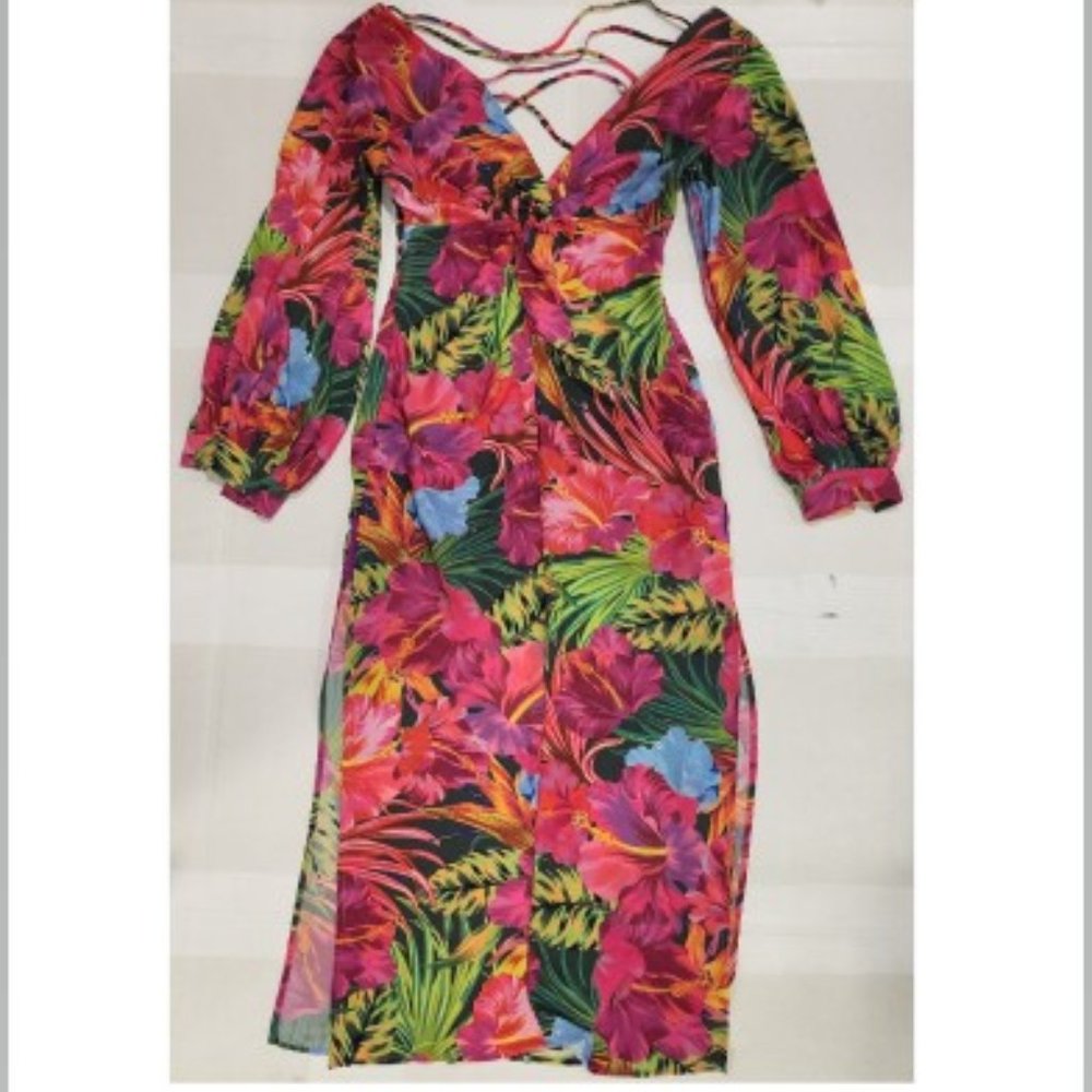 SHEIN SXY Twist Front High Split Tropical Print Dress